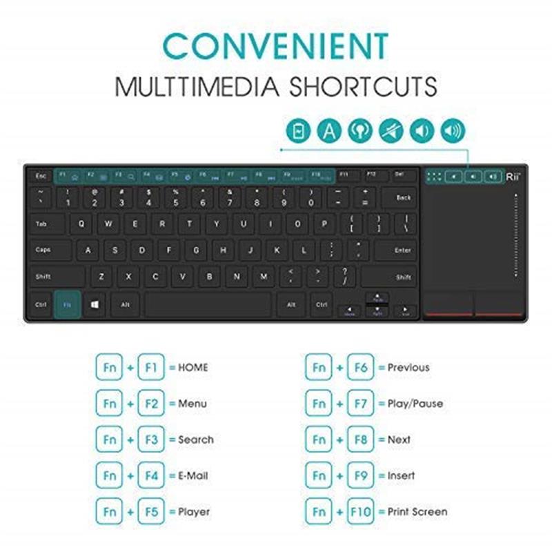 Rii mini K22 comfortabel slim-size keyboard met functietoetsen en touchpad 2 4G rechargeable 295 * 137 * 19mm 280 mAh accu