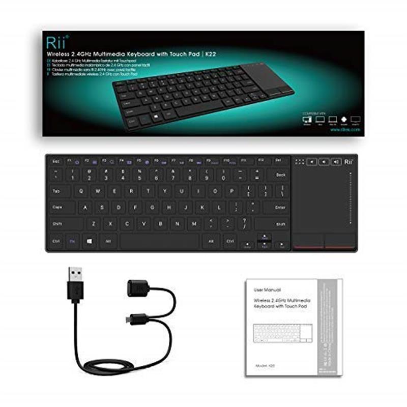 Rii mini K22 comfortabel slim-size keyboard met functietoetsen en touchpad 2 4G rechargeable 295 * 137 * 19mm 280 mAh accu