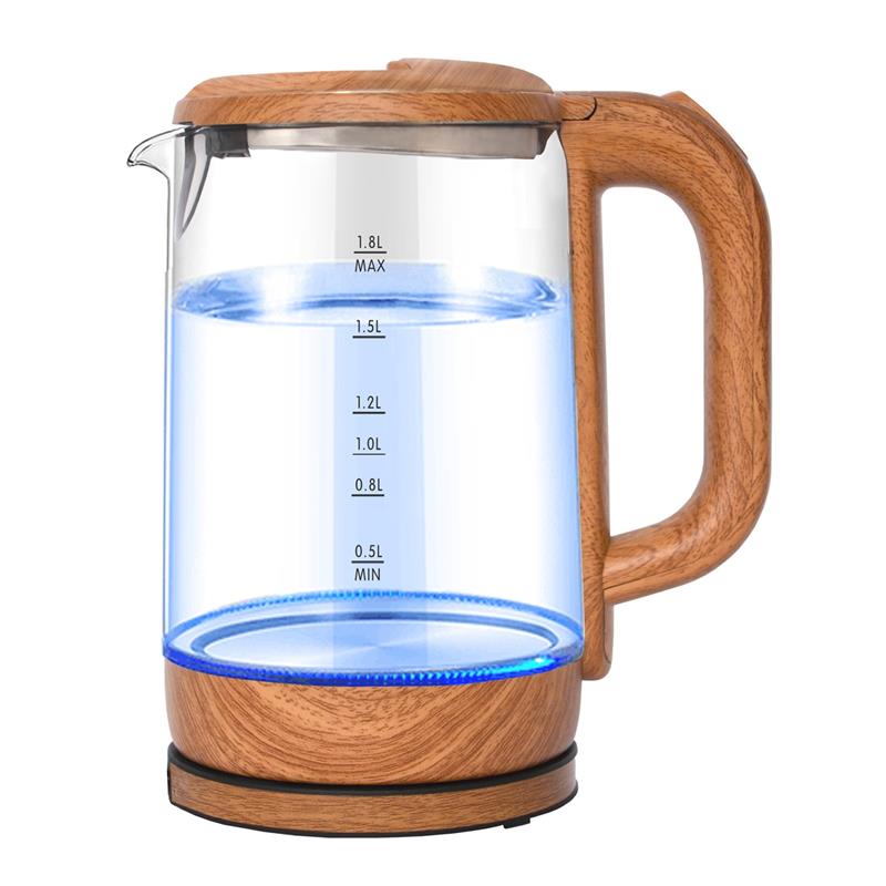 Platinet waterkoker glas en hout blauwe LED indicatie van binnenuit tijdens werking 1 8 liter 1800W
