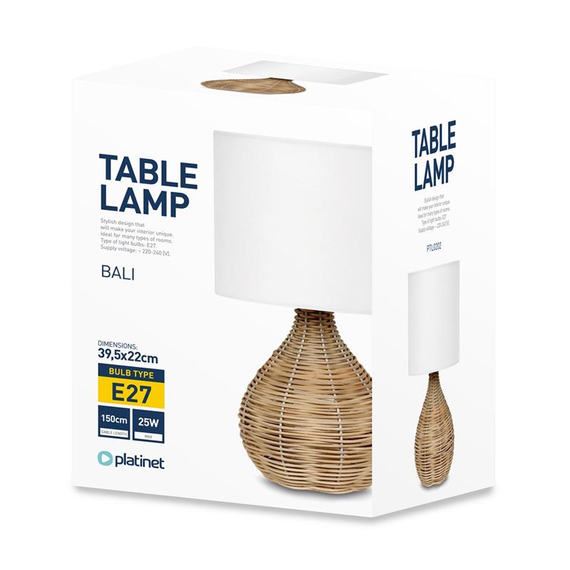 Platinet Rotan tafel lamp - BALI - witte kap E27 fitting - max 25 Watt