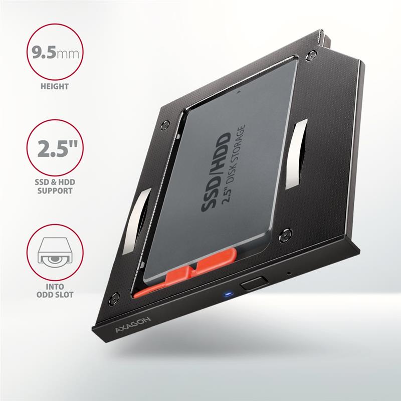 AXAGON 2 5 SSD HDD caddy into DVD slot 9 5 mm LED ALU