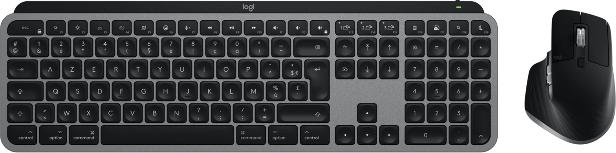 Logitech MX Keys S Combo for Mac toetsenbord Inclusief muis Thuis/Werk RF-draadloos + Bluetooth AZERTY Frans Aluminium, Zwart