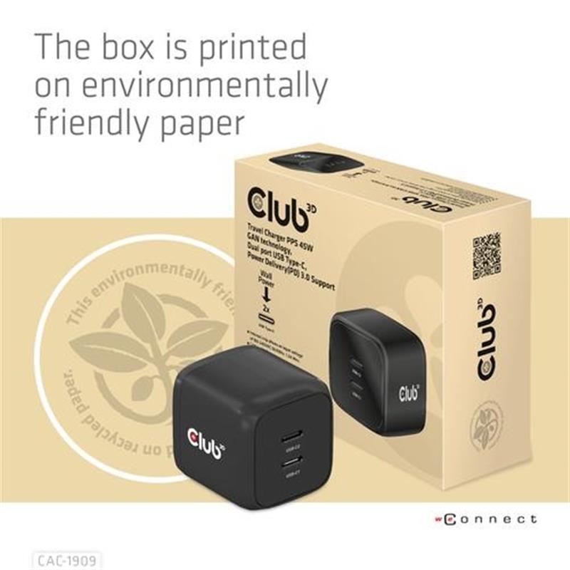 CLUB3D Travel Charger PPS 45W GAN technology, Dual port USB Type-C, Power Delivery(PD) 3.0 Support