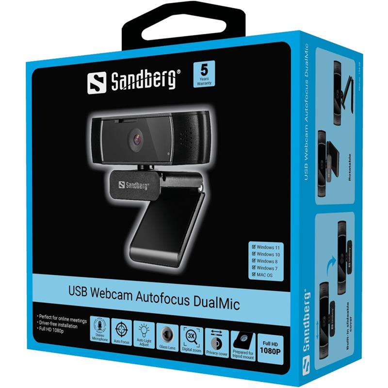 Sandberg USB Autofocus DualMic webcam 2,07 MP 1920 x 1080 Pixels USB 2.0 Zwart