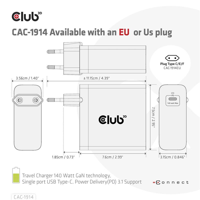 CLUB3D Travel Charger 140 Watt GaN technology, Single port USB Type-C, Power Delivery(PD) 3.1 Support