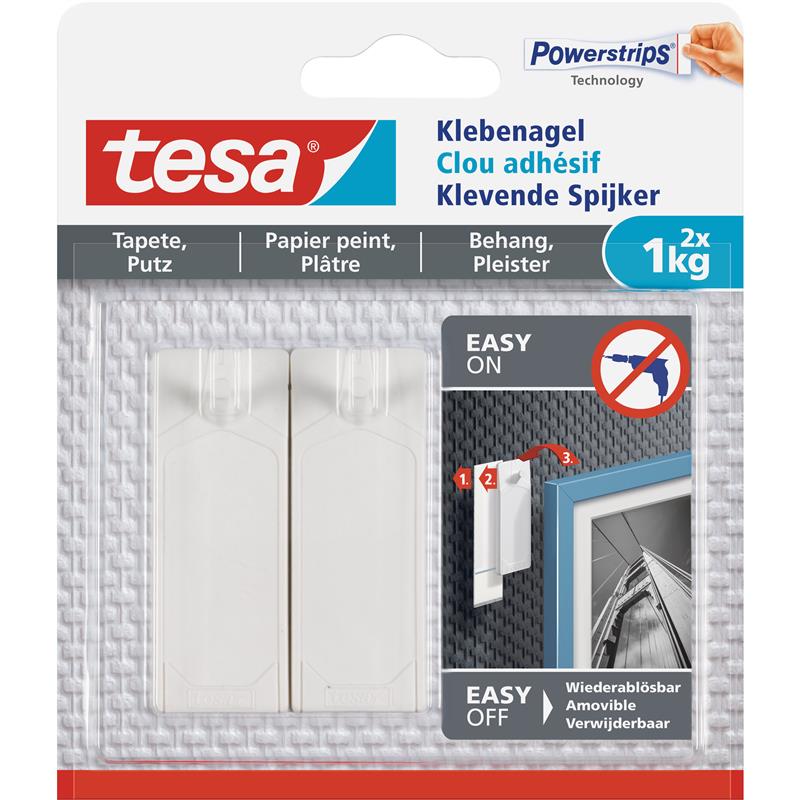 tesa adhesive nail 2pcs for wallpaper and plaster up to 1kg per nail white