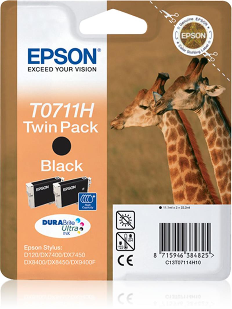 Epson Giraffe Dubbelpack Inktpatroon Black T0711H, duoverpakking T0711H DURABrite Ultra Ink