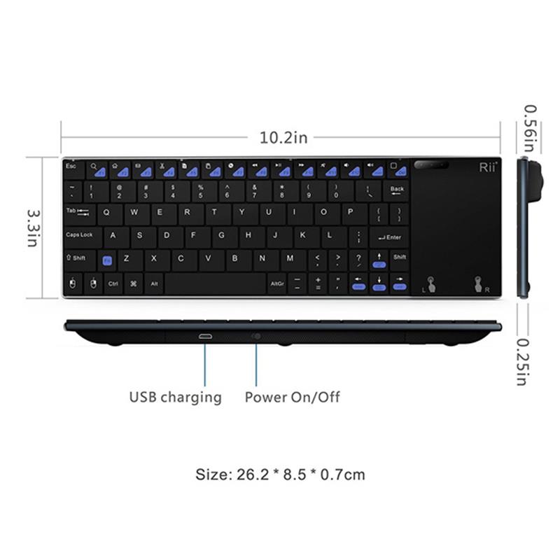 Rii mini i12 Wireless keyboard for Windows Mac Linux and Android Inc touchpad USB Dongle Li-Ion Battery 260mm x 83mm x 13 5 mm
