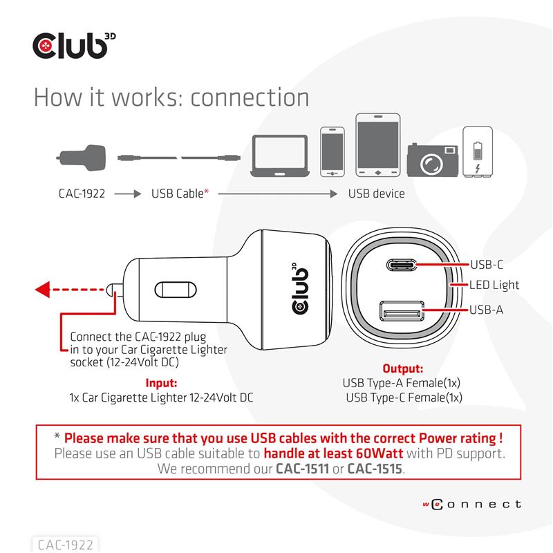CLUB3D Notebook / Laptop Power Car Charger 63 Watt