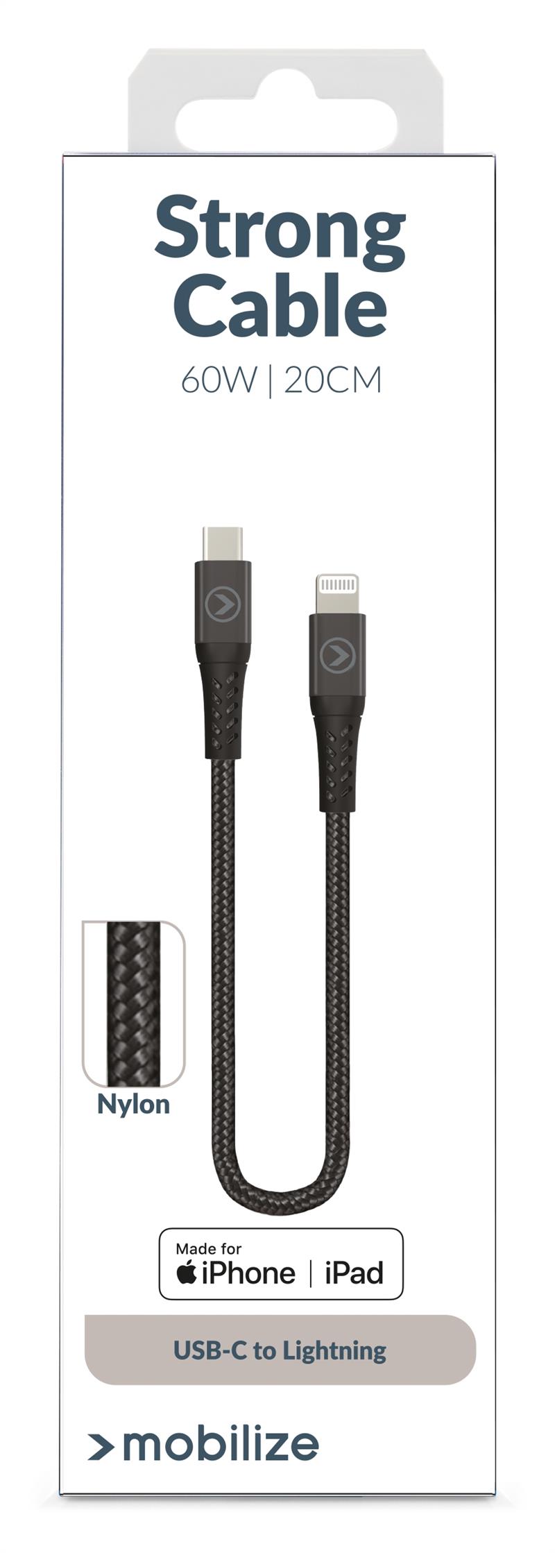 Mobilize Strong Nylon Cable USB-C to MFi Lighting 20cm 60W Black