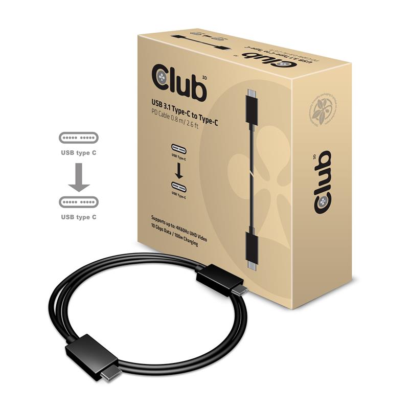 CLUB3D USB Type-C Cable M/M 0.8Meter Active PD ~100Watt 4K60Hz