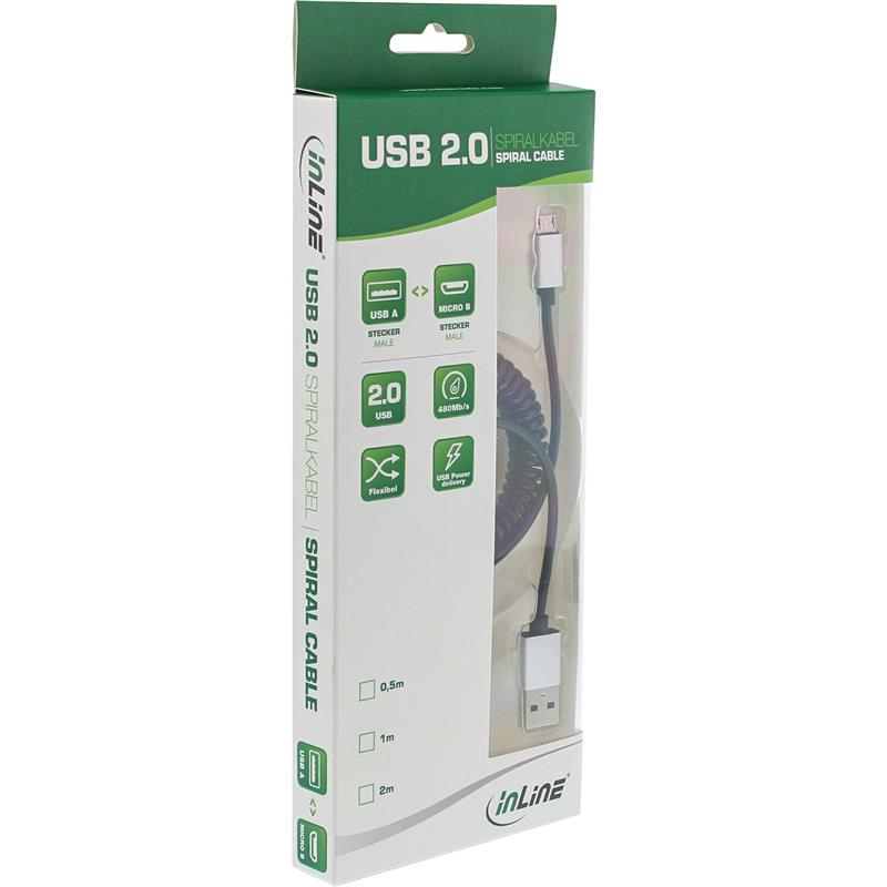 InLine Micro-USB 2 0 spiral cable USB-A plug to Micro-B plug black alu flexible 0 5m