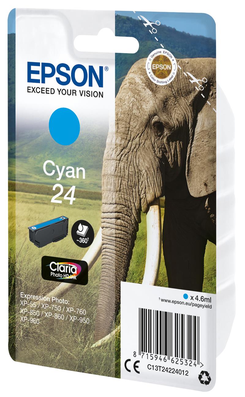 Epson Elephant Singlepack Cyan 24 Claria Photo HD Ink