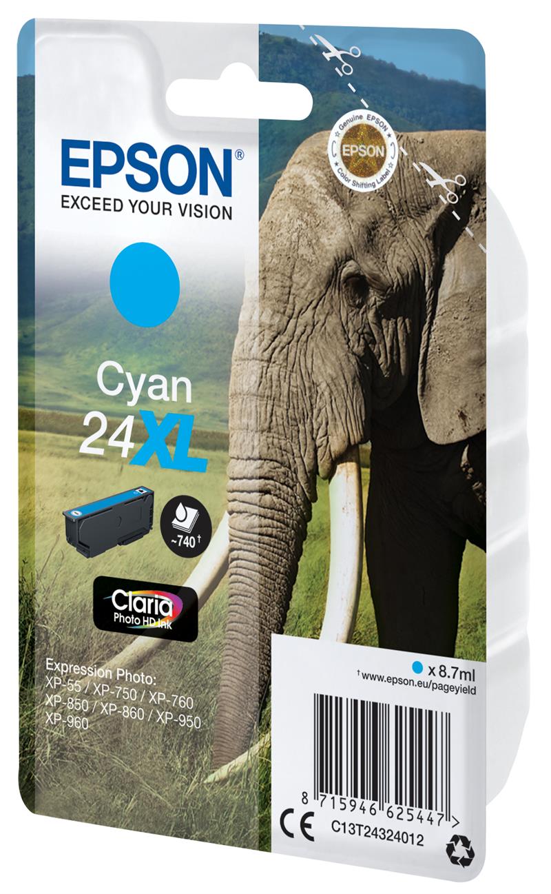 Epson Elephant Singlepack Cyan 24XL Claria Photo HD Ink