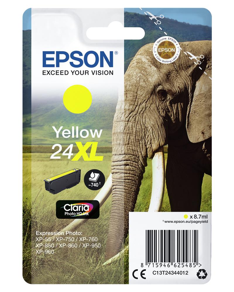 Epson Elephant Singlepack Yellow 24XL Claria Photo HD Ink