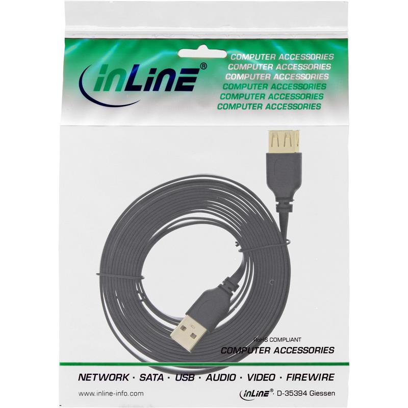 InLine USB 2 0 Flatkabel Verlengkabel A Male Female zwart vergulde contacten 5m