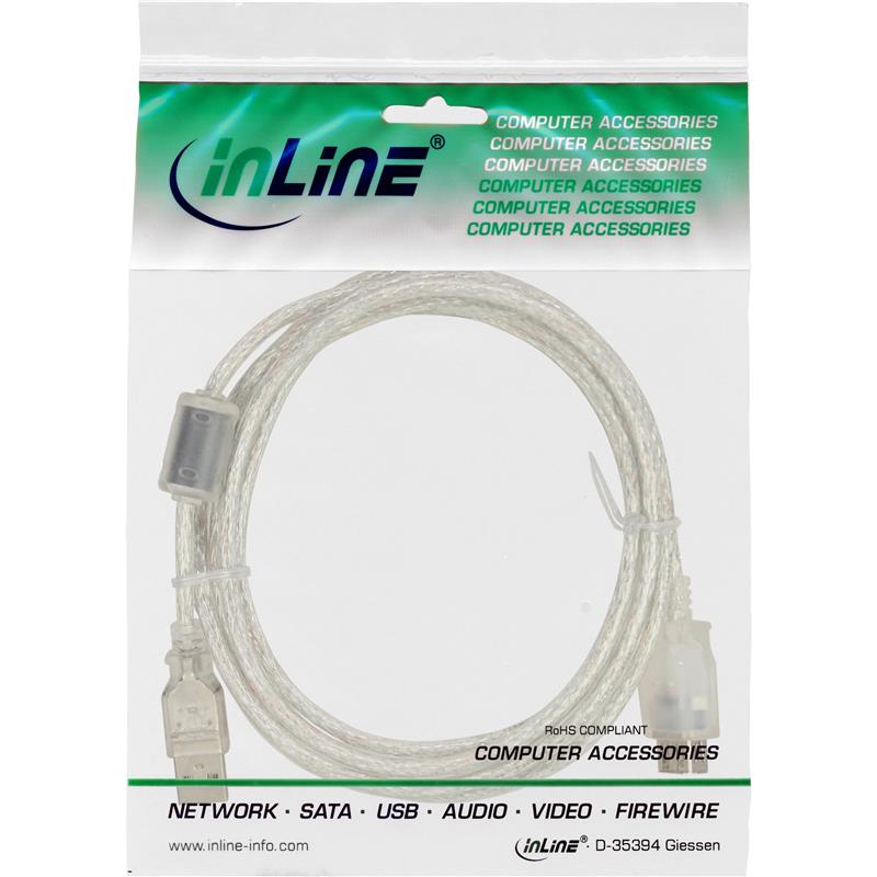 InLine USB 2 0 kabel transparant AM AF met ferrietkern 3m