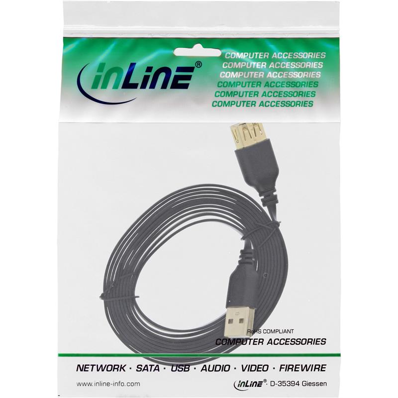 InLine USB 2 0 Flatkabel Verlengkabel A Male Female zwart vergulde contacten 2m