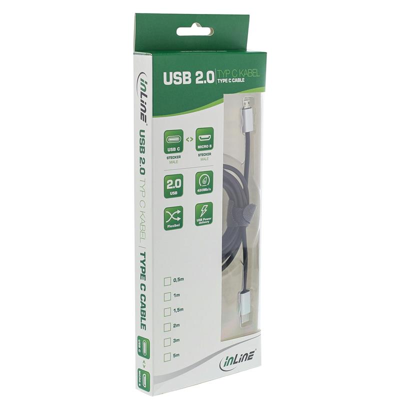 InLine USB 2 0 Cable Type C plug to Micro-B plug black alu flexible 3m