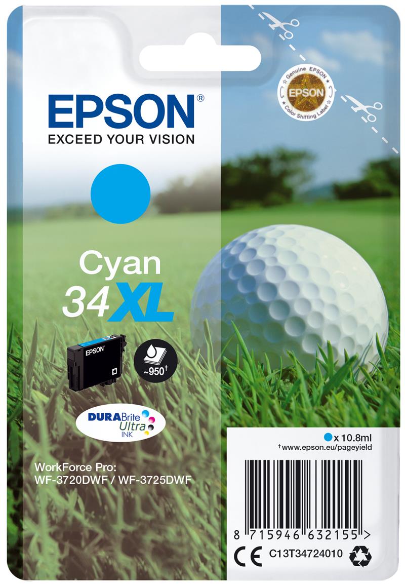 Epson Golf ball Singlepack Cyan 34XL DURABrite Ultra Ink