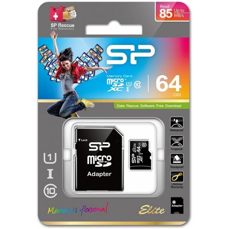 Silicon Power 64GB Elite MicroSDXC Class10 UHS-1 tot 85Mb/s incl. SD-adapter Zwart