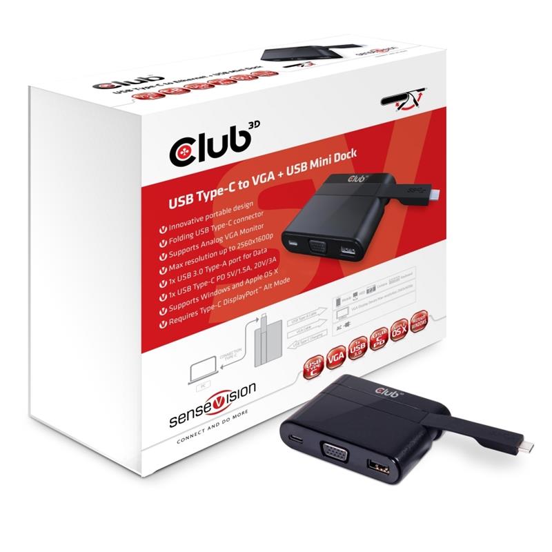 CLUB3D USB Type C to VGA + USB 3.0 + USB Type C Charging Mini Dock