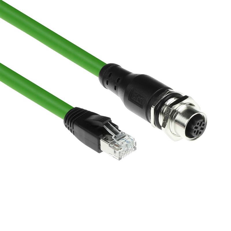 ACT Industrial 5,00 meter Sensor kabel M12D 4-polig female chassis naar RJ45 male, Superflex Xtreme TPE kabel, afgeschermd