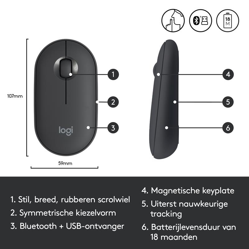 Logitech Pebble M350 muis RF draadloos + Bluetooth Optisch 1000 DPI Ambidextrous