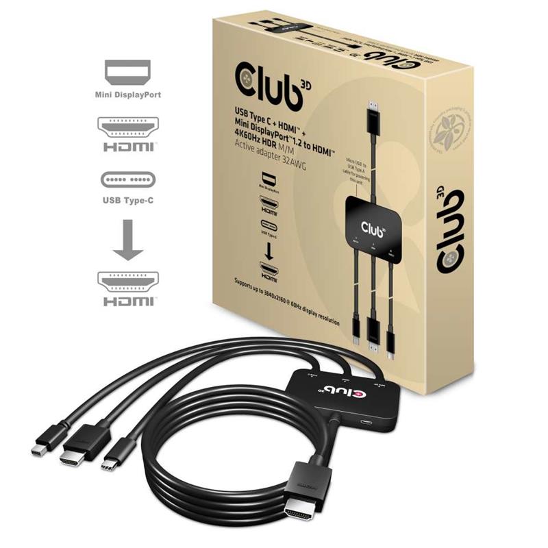 CLUB3D USB Type C + HDMI™ + MiniDisplayPort™ 1.2 to HDMI™ 4K60Hz HDR M/M Active Adapter 32AWG