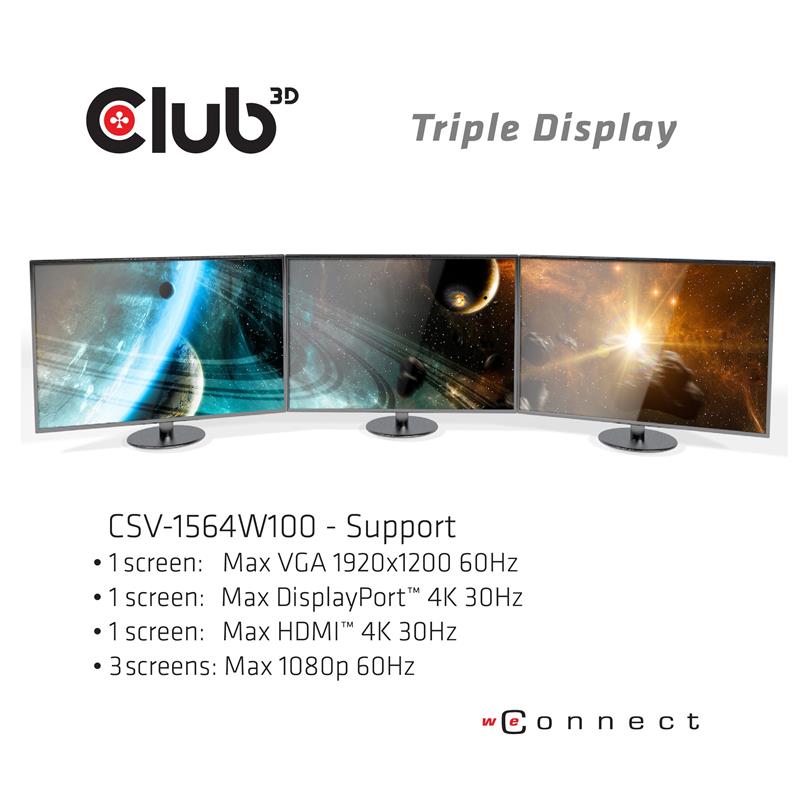 CLUB3D UNIVERSEEL Docking station USB Type C 3.2 Gen1 Triple Display Dynamic PD oplaad + 100W PD charger