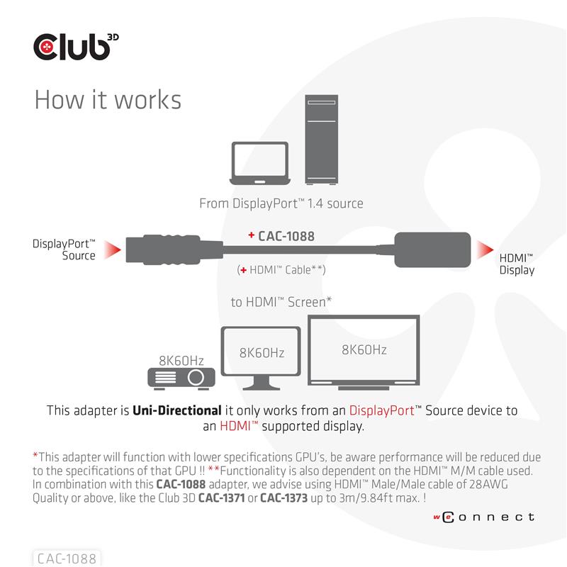 CLUB3D DisplayPort1.4 to HDMI 4K120Hz/8K60Hz HDR Active adapter M/F