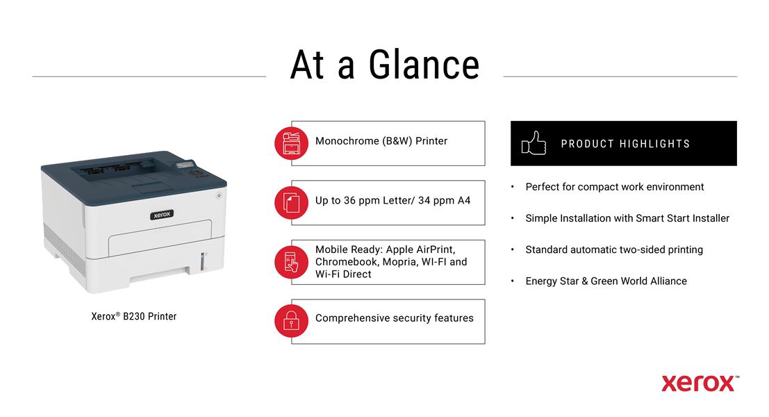 Xerox B230 A4 34 ppm draadloze dubbelzijdige printer PS3 PCL5e/6 2 laden totaal 251 vel