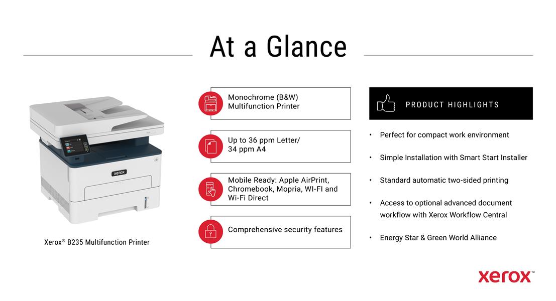 Xerox B235 A4 34 ppm draadloze dubbelzijdige printer PS3 PCL5e/6 ADF 2 laden totaal 251 vel