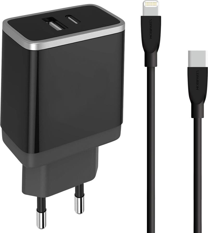 Mobiparts Wall Charger USB-A/USB-C 2.4A + USB-C to Lightning Cable Black