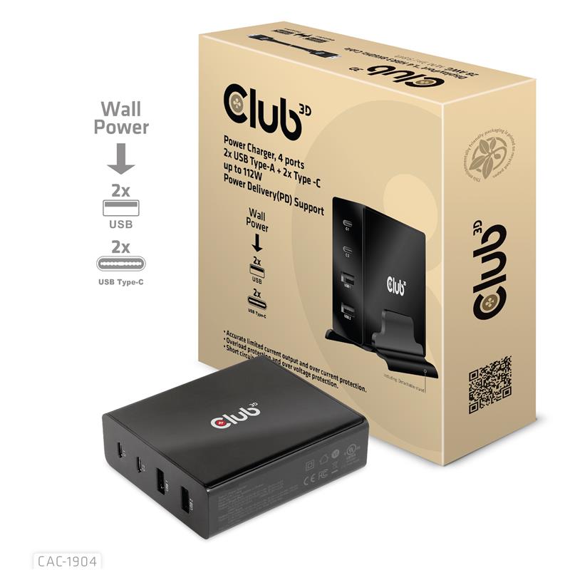 CLUB3D Power Charger, 4 ports, 2x USB Type-A 2x Type -C up to 112W, Power Delivery(PD) Support