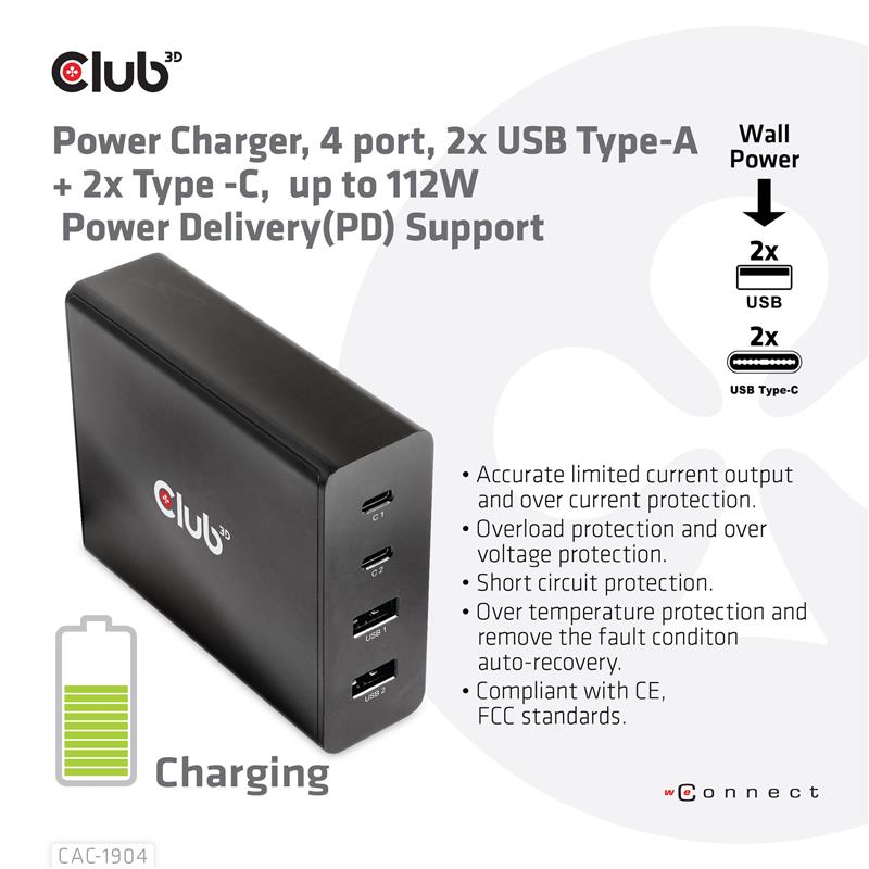 CLUB3D Power Charger, 4 ports, 2x USB Type-A 2x Type -C up to 112W, Power Delivery(PD) Support