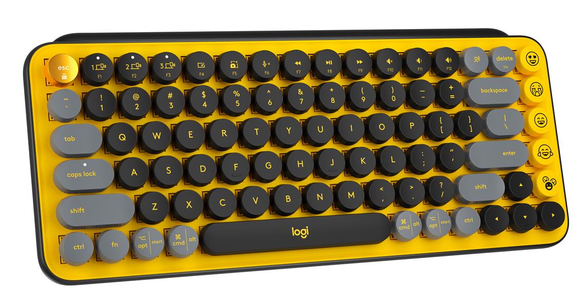 Logitech POP Keys Wireless Mechanical Keyboard With Emoji Keys toetsenbord RF-draadloos + Bluetooth AZERTY Frans Zwart, Grijs, Geel