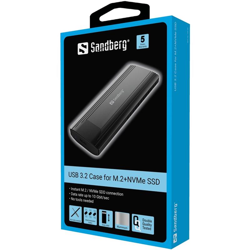 Sandberg USB 3.2 Case for M.2+NVMe SSD SDD-behuizing Zwart