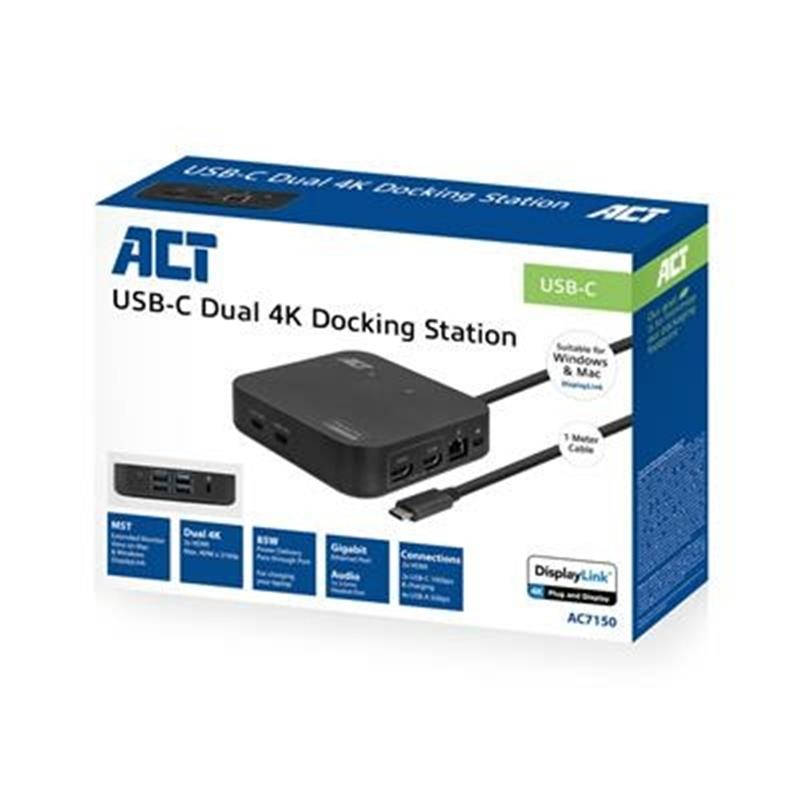 ACT AC7150 laptop dock & poortreplicator Bedraad USB 3.2 Gen 2 (3.1 Gen 2) Type-C Zwart