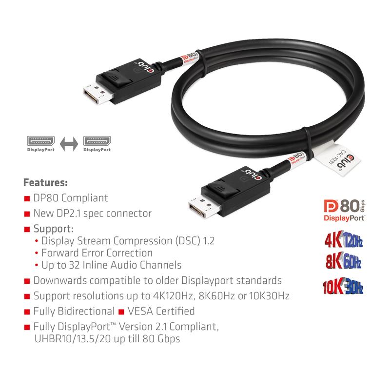 CLUB3D DisplayPort 2.1 Bi-Directional VESA DP80 Certified Cable 4K120Hz, 8K60Hz or 10K30Hz M/M 1.2m/3.94ft