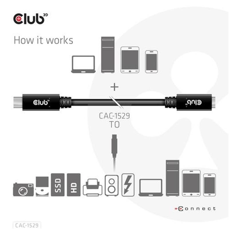 CLUB3D USB Gen1 Type-C Extensie kabel 5Gbps 60W(20V/3A) 4K60Hz M/F 2m/6.56ft