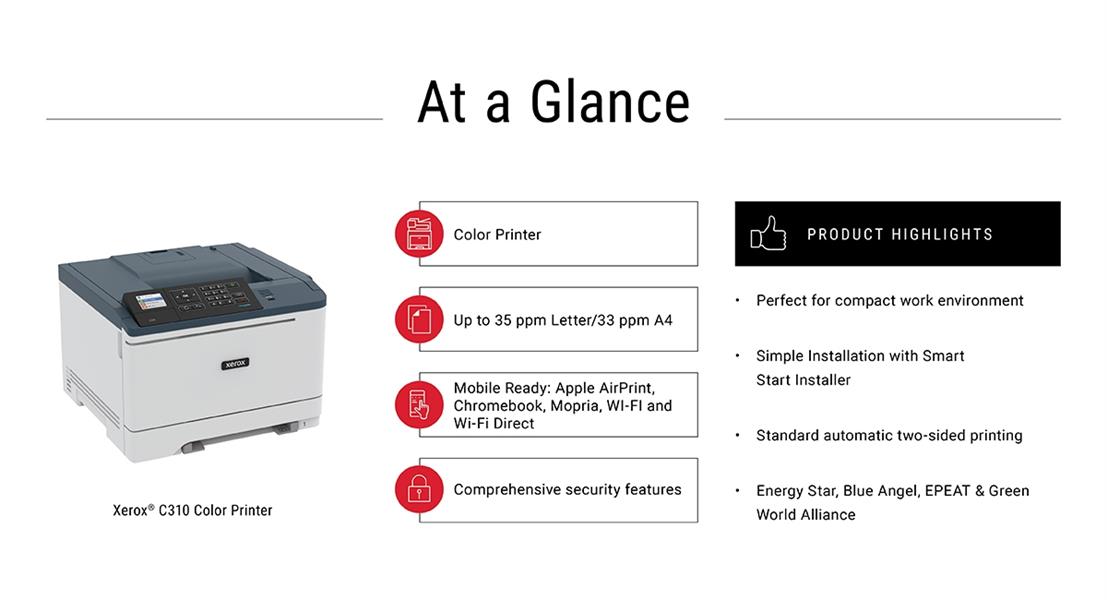 Xerox C310 A4 33 ppm draadloze dubbelzijdige printer PS3 PCL5e6/6 2 laden totaal 251 vel