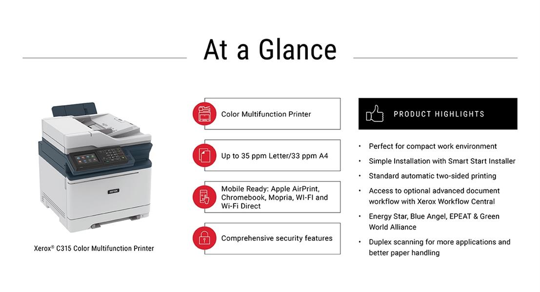 Xerox C315 A4 33 ppm draadloze dubbelzijdige printer PS3 PCL5e6/6 2 laden totaal 251 vel