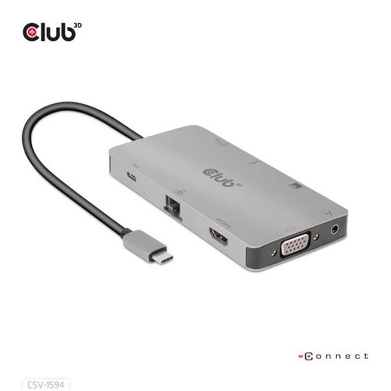 CLUB3D Type-C 9-in-1 hub with HDMI, VGA, 2x USB Gen1 Type-A,RJ45,SD/Micro SD card slots and USB Type-C oplaad mogelijkheid tot max 100Watt( Ook geschi