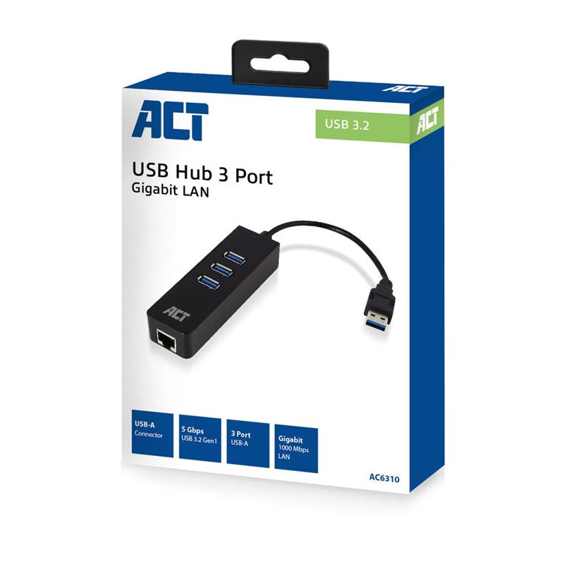 ACT AC6310 interface hub USB 3.2 Gen 1 (3.1 Gen 1) Type-A 5000 Mbit/s Zwart