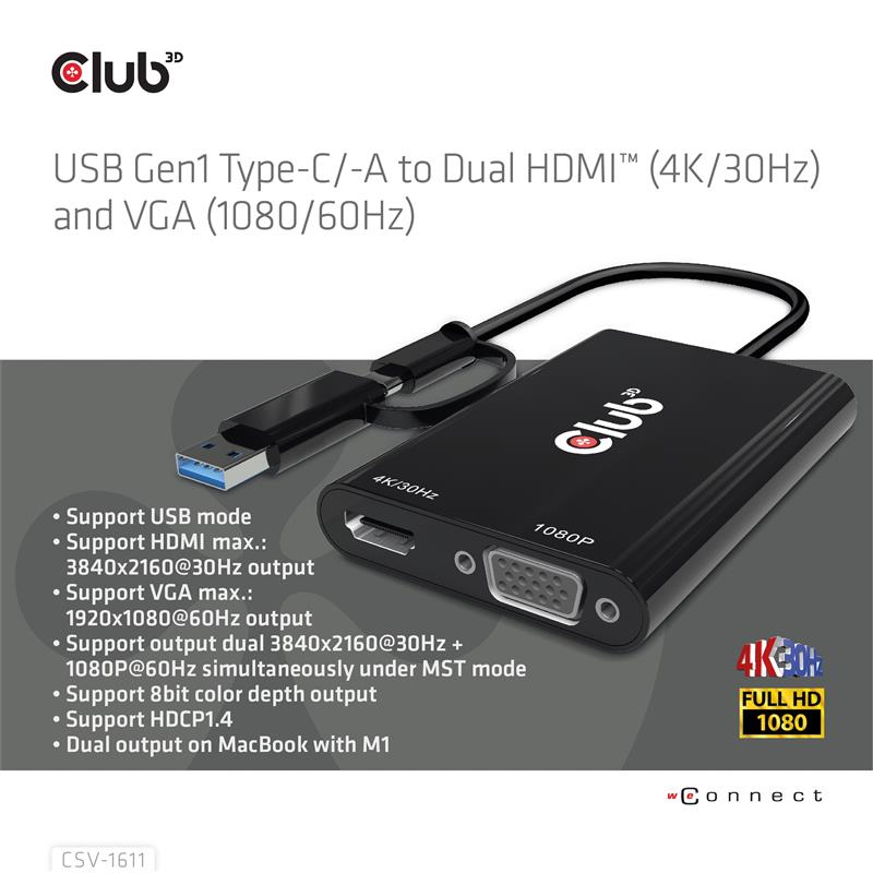 CLUB3D USB Gen1 Type-C/-A to Dual HDMI (4K/30Hz) / VGA (1080/60Hz)