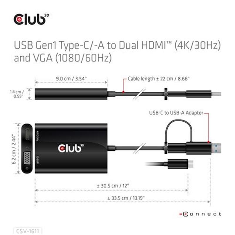 CLUB3D USB Gen1 Type-C/-A to Dual HDMI (4K/30Hz) / VGA (1080/60Hz)