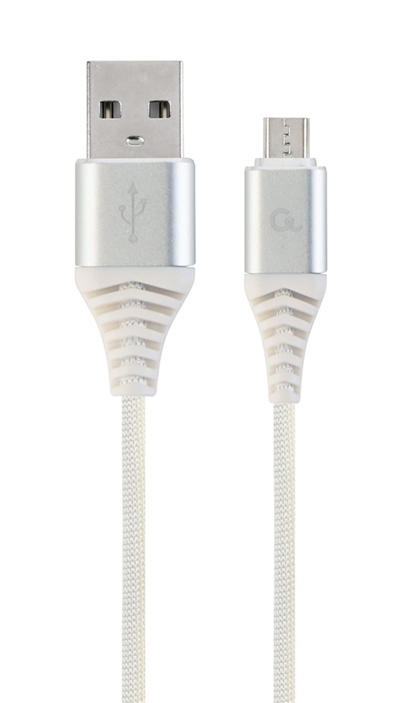 Premium micro-USB laad- datakabel katoen 1 m zilver wit