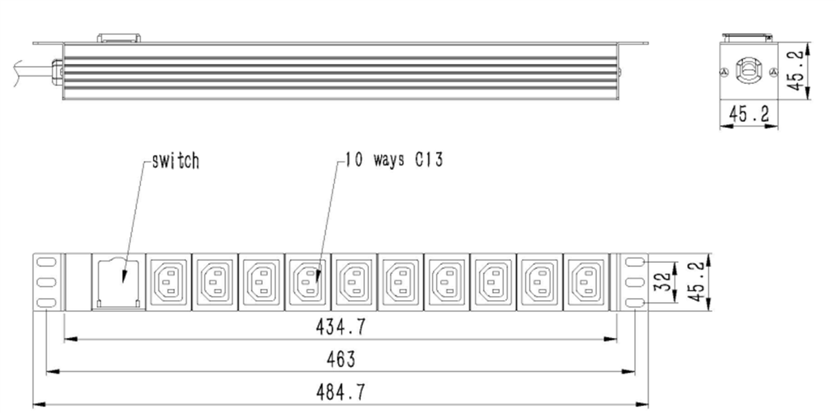 19 stekkerdoos met schakelaar PDU 10-voudig met pen-aarde C13 1U 16A