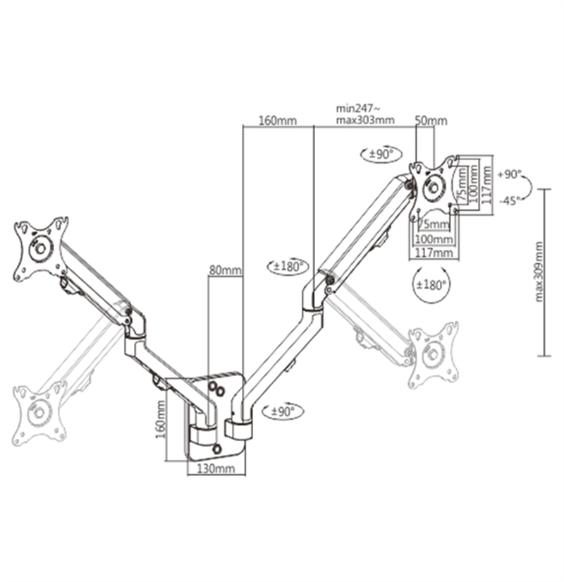 Dubbele monitorarm met gasveer zwenkbaar 17 -27 7 kg